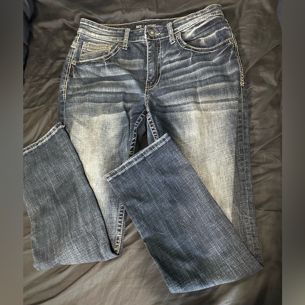 Denim buckle jeans, size 32x32, jake straight